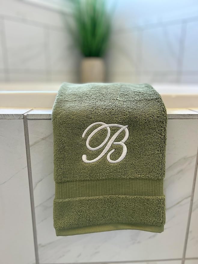 Sage Monogrammed Hand Towels for Bathroom - Luxury Hotel Quality Personalized Initial Embroidered Towel for Powder Room, Spa - GOTS Organic Certified - Set of 2 White Letter E
