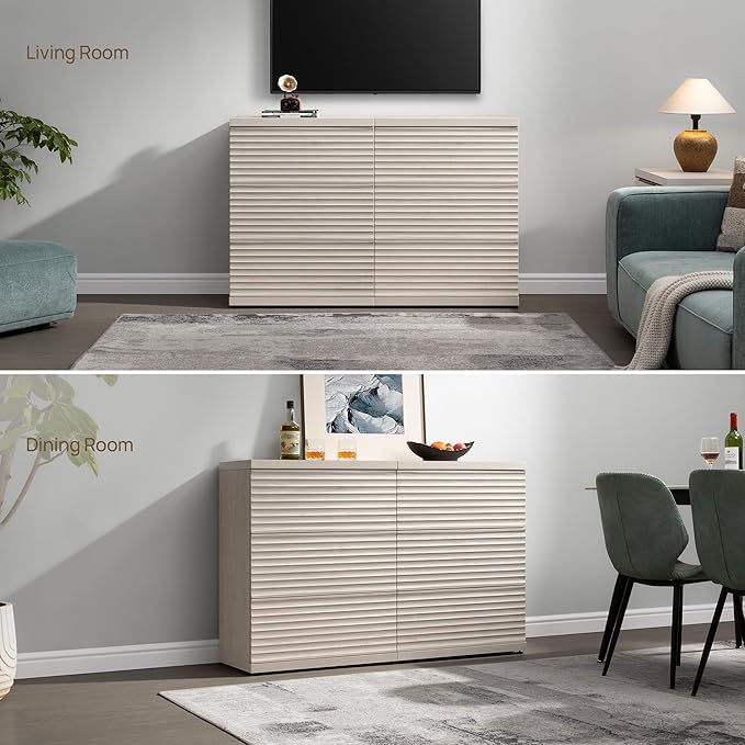 SICOTAS Fluted Buffet Storage Cabinet with Larger Drawers, Modern Accent Sideboard Credenza with Storage, Mid Century Media Console Coffee Bar Table for Dining Room Hallway Kitchen (3 Pieces)