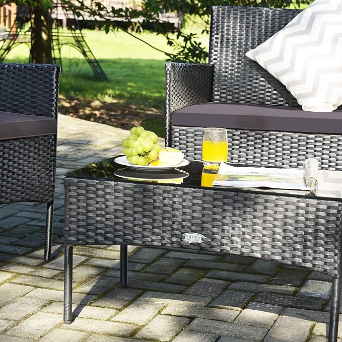 Tangkula 4 Pieces Patio Furniture Set, Outdoor Wicker Conversation Set with Tempered Glass Tabletop, Rattan Sofa and Chairs Set with Off White & Grey Cushion Covers
