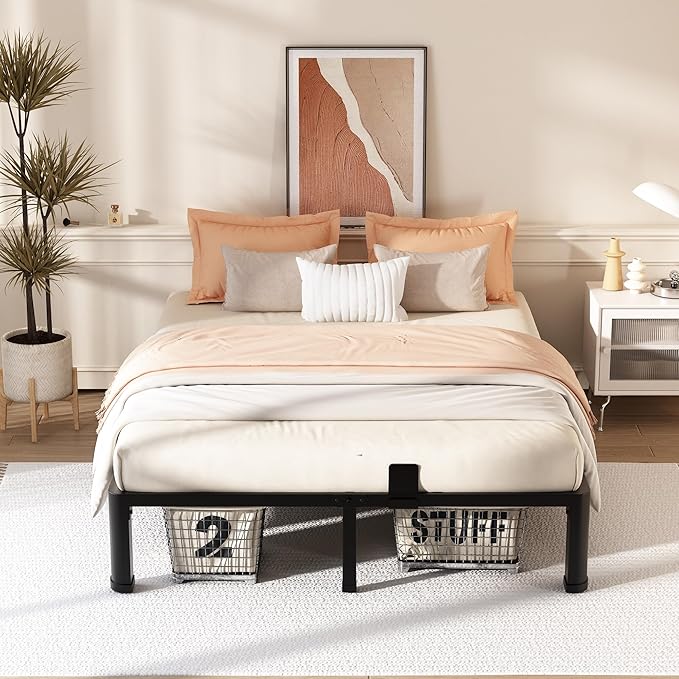 FUIOBYVV 12 Inch Queen Bed Frame with Rounded Corner and Headboard Hole Mattress Retainers 3500 LBS Metal Heavy Duty Steel Slats Support No Box Spring Needed Platform Noise Free Easy Assembly