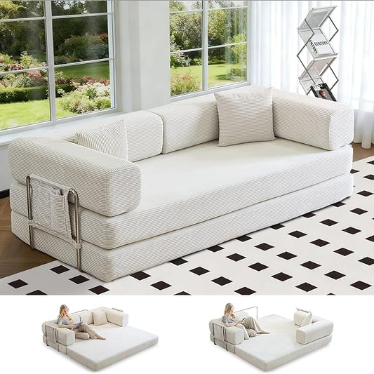 Folding Sofa Bed Convertable Corduroy Couch King Size Floor Sleeper 4-in-1 DIY Combination Modular Sofa Fold Out Futon Lounge Comfy Foldable Lazy cama for Living Room (Beige, 80.15'')