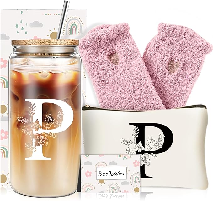 Unique Initial Glass Cup with Lids and Straws, Monogrammed Gifts Box Included Makeup Bag, Christmas Birthday Gifts for Women Mom Sister Grandma, P