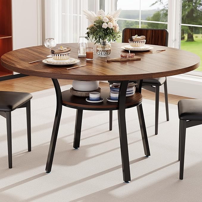 Garvee 47'' Round Dining Table for 4-6 People, Farmhouse Kitchen Dining Table, Round Dinner Table with Storage Shelf for Kitchen, Living Room (Table Only), Walnut