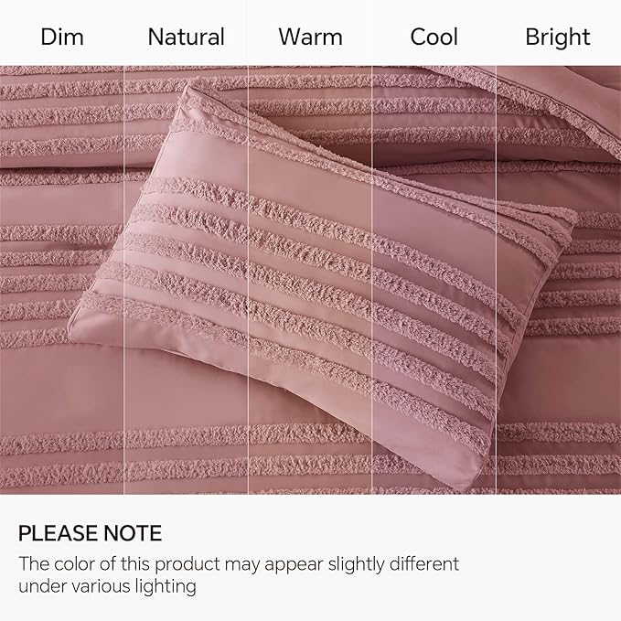 BEDELITE Boho Twin/Twin XL Comforter Set，Dusty Pink Tufted Striped Bed Set 2 Pieces, Soft Vintage Farmhouse Comforter for College, Boho Home Dorm Decor, Fluffy Jacquard Bedding with 1 Pillow Sham