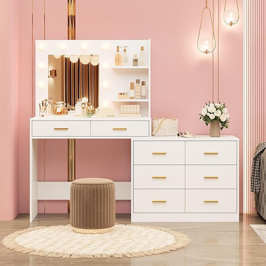 GarveeHome 61 in Make Up Vanity Desk with Mirror and Lights, White Vanity with 8 Wide Storage Drawers & 2 Tier Shelves, 3 Lighting Modes with Adjustable Brightness for Bedroom