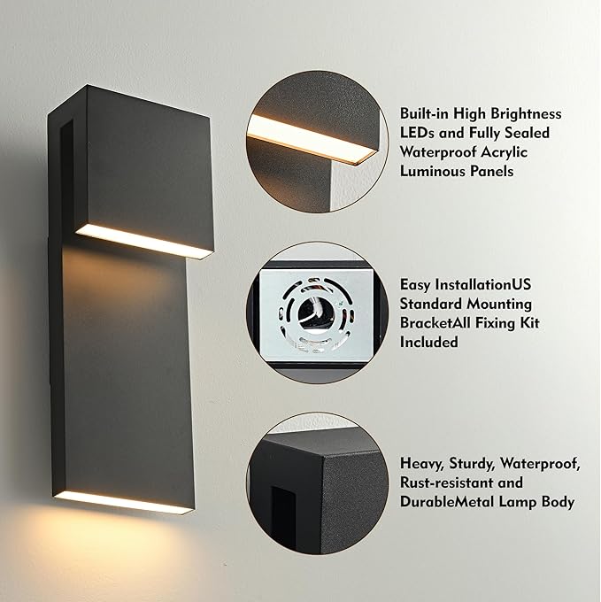 Modern Large Outdoor Wall Lights Integrated LED Outdoor Wall Sconces Lighting, Contemporary Exterior Lighting Fixtures Outside Wall Mount Lights for House Porch Front Door Garage, Matte Black 2 Pack