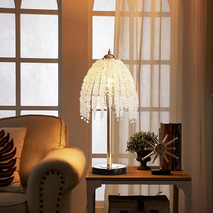 Vintage Style Floor Standing Lamp, Waterfall Design with Grape-Shaped Tall Gold Pole Light, Modern Dimmable Crystals Standing Lamps (Table Lamp-Gold+Iron-6)