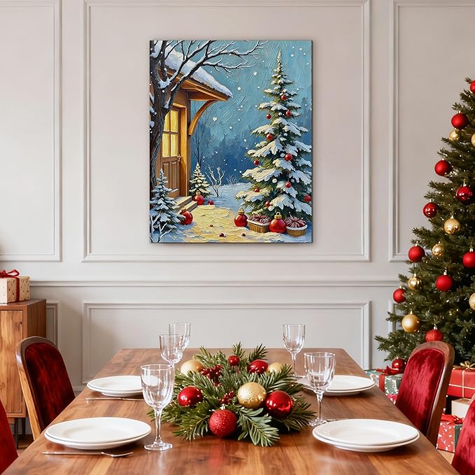 Framed Christmas Pictures Wall Decor,Vintage Pine Tree Prints,Winter Christmas Canvas Wall Art Decoration for Bedroom Bathroom Living Room Rustic Xmas Holiday Gifts (Christmas Tree 21, 20'' X 32'')