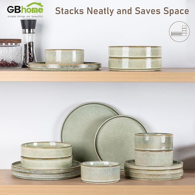 GBHOME Stoneware Dinnerware Sets for 4,Round Reactive Glaze Ceramic Plates and Bowls Set, Highly Scratch Resistant | Dishwasher & Microwave Safe Dishes Set,Service for 4(12Pcs),Desert Sage