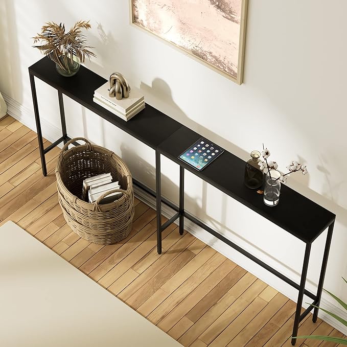 70.9" Console Table,Modern Extra Narrow Long Sofa Table Behind Couch,Skinny Entry Table with Black Metal Frame for Living Room, Hallway,Classic Black