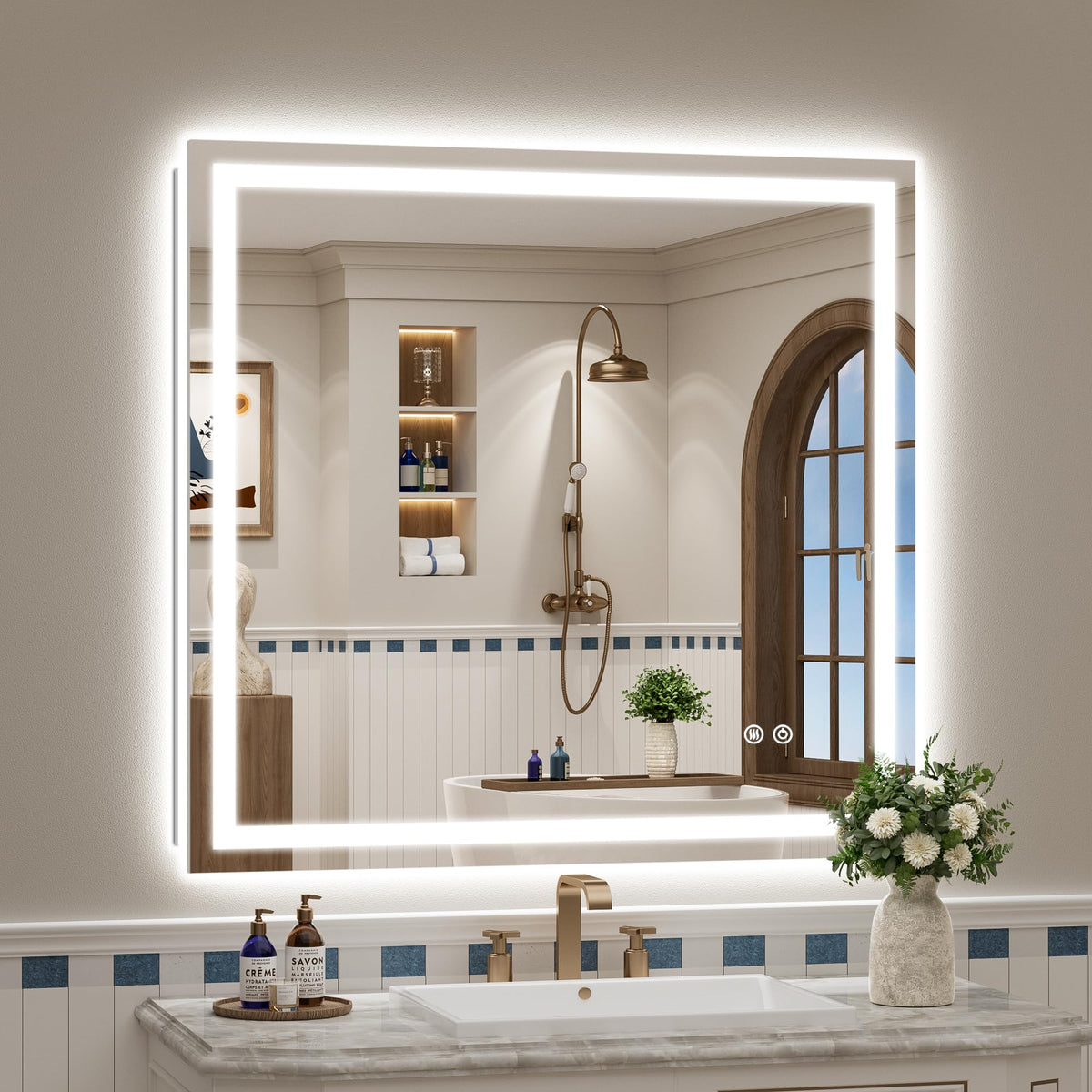 VEEYLOS 40x38 Inch LED Bathroom Mirror with Lights, Backlit & Front Lit
