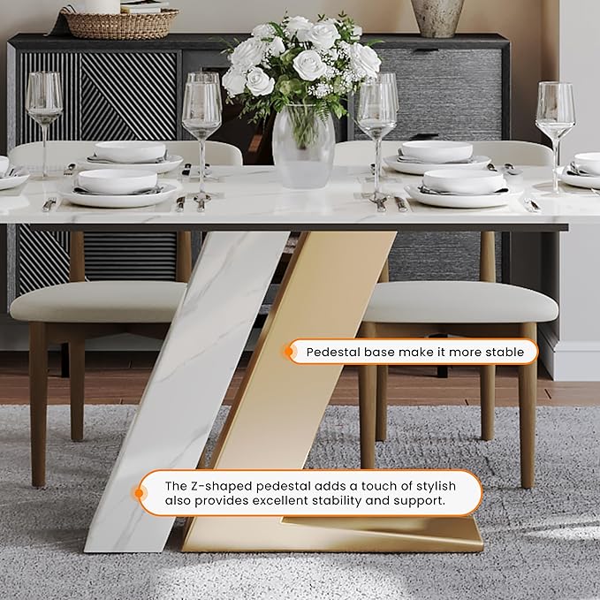 POVISON 71" Modern Dining Table for 6, Luxury Rectangle Dining Table Sintered Stone Dining Tabletop with Z-Shaped Stainless Steel Pedestal for Dining Room, Living Room (Table Only)