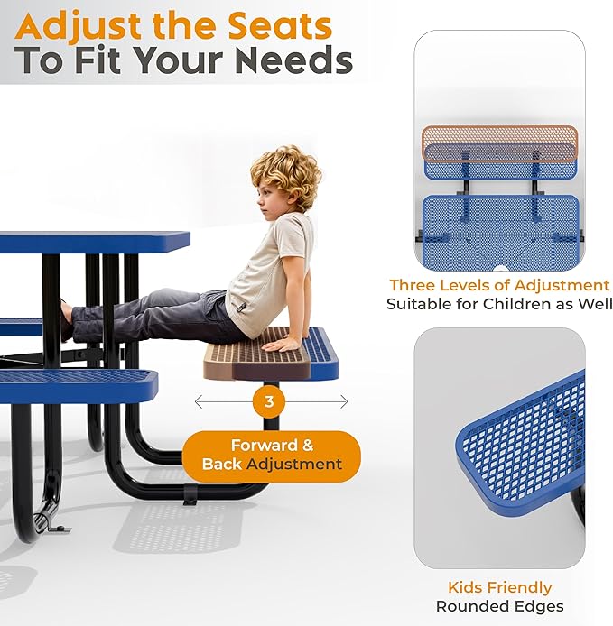 Metal Picnic Tables for Outdoors with Umbrella Hole - Coated Steel Heavy Duty Commercial Grade Furniture with Adjustable Seats (Blue, 38 in, Square)