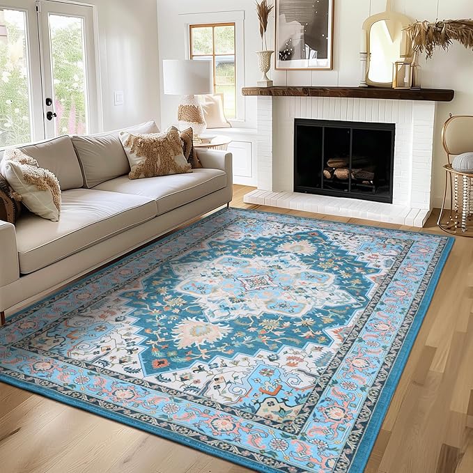 WILLSUN Washable Area Rugs, 3x5 Non-Slip Boho Large Area Rugs for Living Room, Bedroom, Machine Washable Vintage Rug, Indoor Floral Print Carpet for Home Decor, Kid & Pet Friendly Mat
