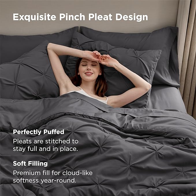 Bedsure Queen Comforter Set Dark Grey - Bed in a Bag Queen Size Bedding 7 Pieces, GentleSoft™ Pintuck Bed Set Gift for Family, Pinch Pleat All Season Comforter with Sheets, Pillowcases & Shams