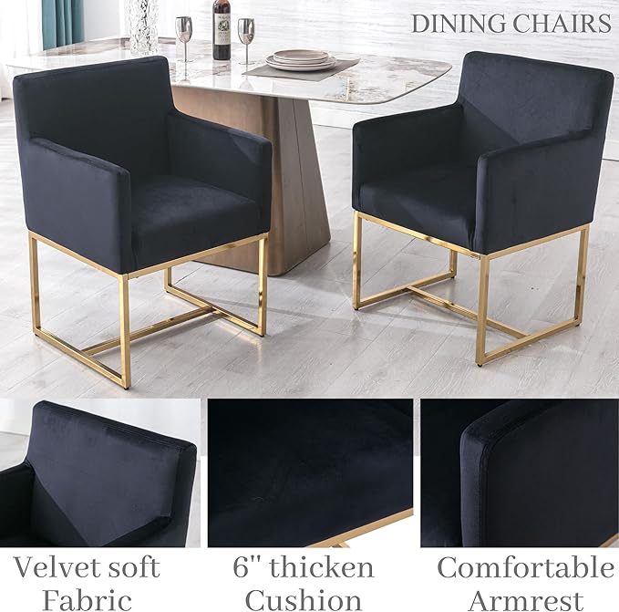 Set of 4 Upholstered Velvet Dining Chairs with Armrest, Mid Century Modern Accent Armchairs, Modern Kitchen & Dining Room Chairs with Gold Frame, Black