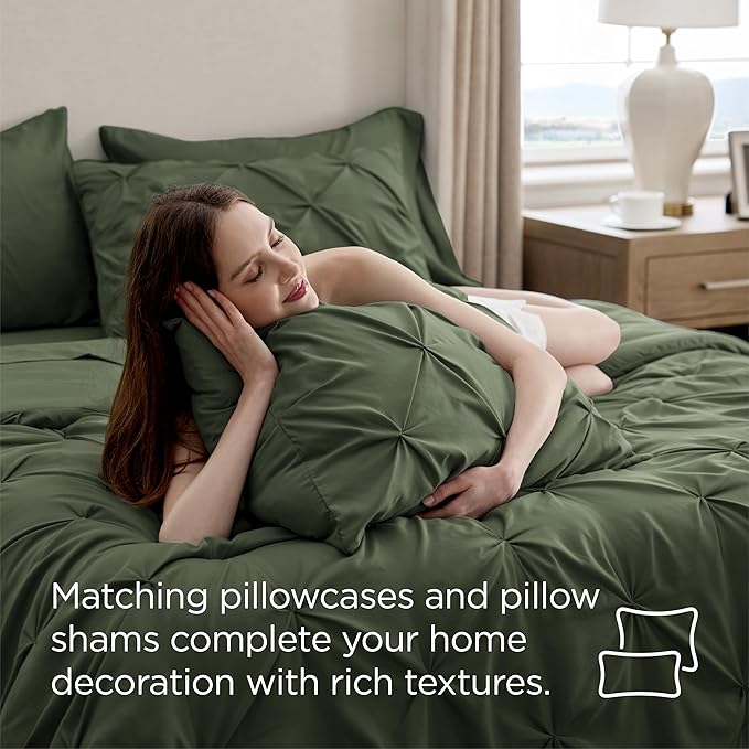 Bedsure Oversized Queen Comforter Set Olive Green - Bed in a Bag Bedding Set 7 PCS, GentleSoft™ Pintuck Bed Set Gift for Family, Pinch Pleat All Season Comforter with Sheets, Pillowcases & Shams
