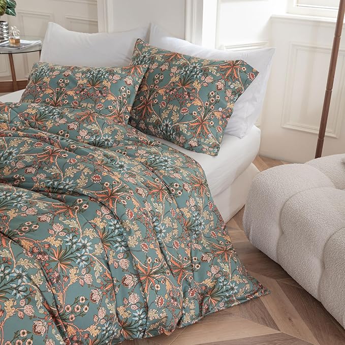 EAVD Boho Floral Comforter Set Fluffy Soft Microfiber Garden Floral Bedding Set with 2 Pillowcases Vintage Style Botanical Comforter Set for All-Season