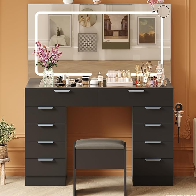 Garvee Vanity Desk with Large Mirror and Lights & Magnifying Glass, Makeup Table, Dressing Table Set with Stool, Power Outlet, 3 Lighting Modes, 10 Drawer, Black