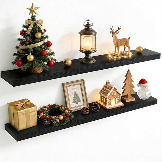 55 Inch Floating Shelves for Wall, 8 Inch Deep Floating Shelf for Storage & Display, Rustic Wall Mounted Shelf with Invisible Brackets for Living Room, Kitchen, Bathroom, Home Decor, Set of 2, Black