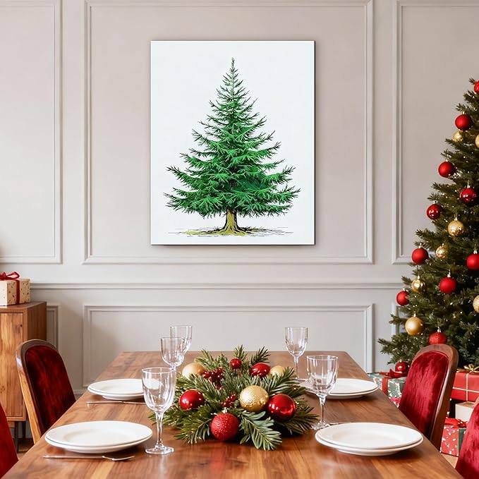 Framed Christmas Pictures Wall Decor,Vintage Pine Tree Prints,Winter Christmas Canvas Wall Art Decoration for Bedroom Bathroom Living Room Rustic Xmas Holiday Gifts (Christmas Tree 6, 24'' X 36'')