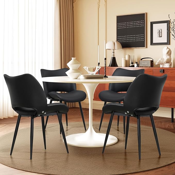 Modern Upholstered Dining Chairs Set of 2 Accent Dinner Chair with Pu Faux Leather and Middle Curved Back for Kitchen Living Room Bedroom (Black)