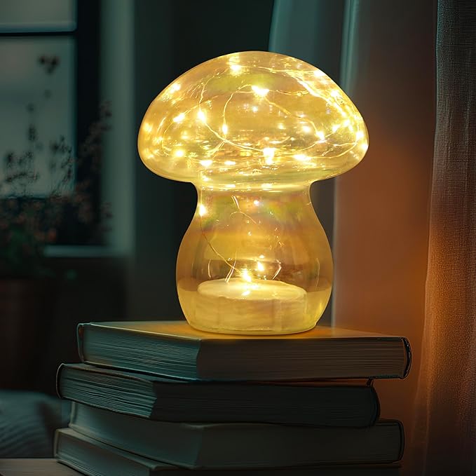 Glass Mushroom Table Lamp, 5.9" Cute LED Night Light for Home Decor, Battery Operated (3 AA), Modern Ambient Light for Living Room Bedroom Office Clear