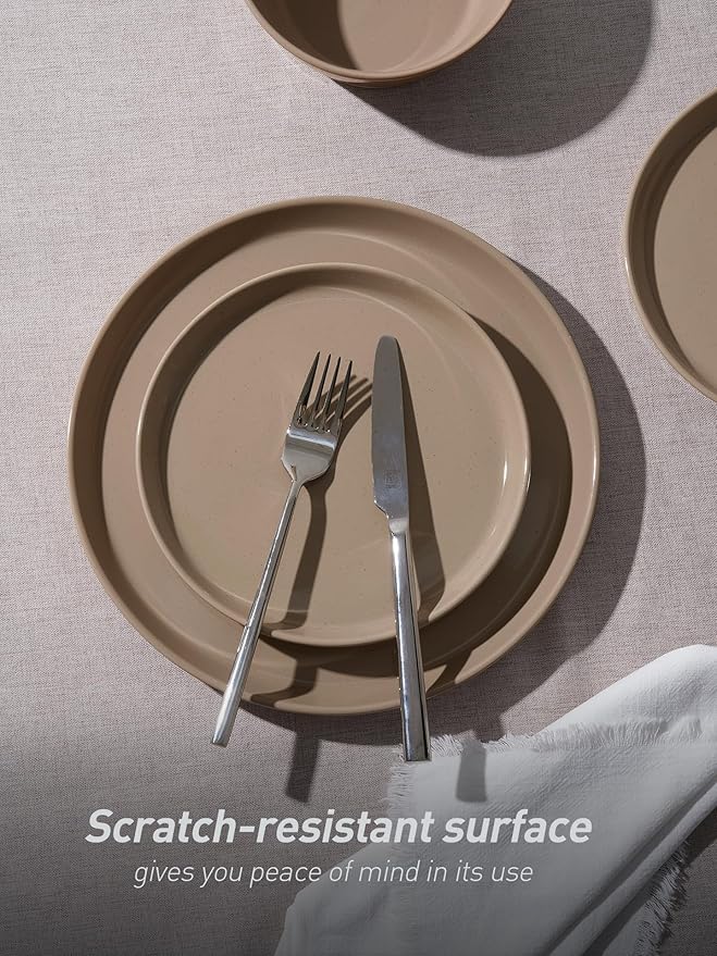 Famiware Saturn Dinnerware Set with Pasta Bowl, 16 Pieces Dish Set, Plates and Double Bowls Sets for 4, Chip and Scratch Resistant, Microwave and Dishwasher Safe Tableware, Cinnamon Brown