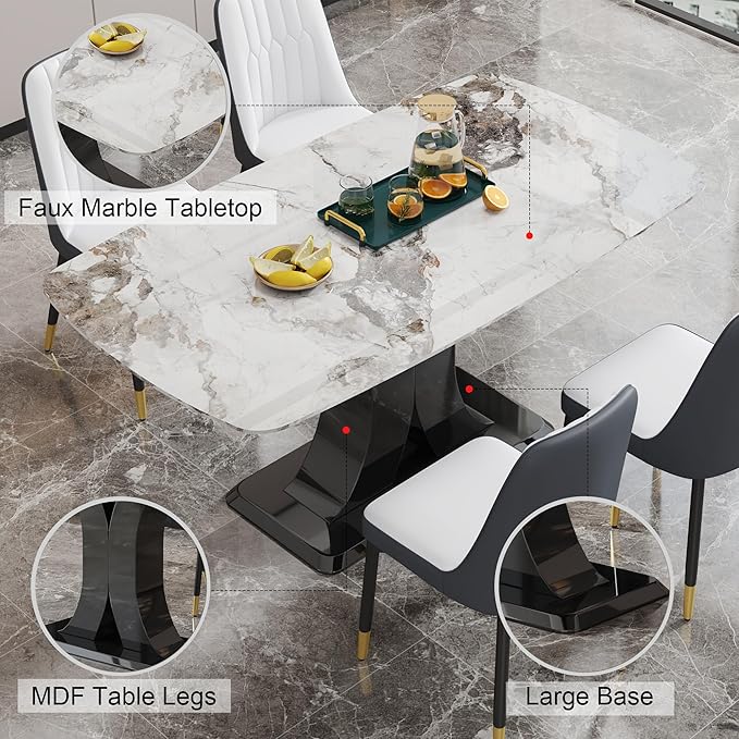 Modern Dining Table Set for 6, Marble Kitchen Table Chair Set for 6, Rectangular Kitchen Table with 6 Pu Leather Upholstered Chair for Dining Room