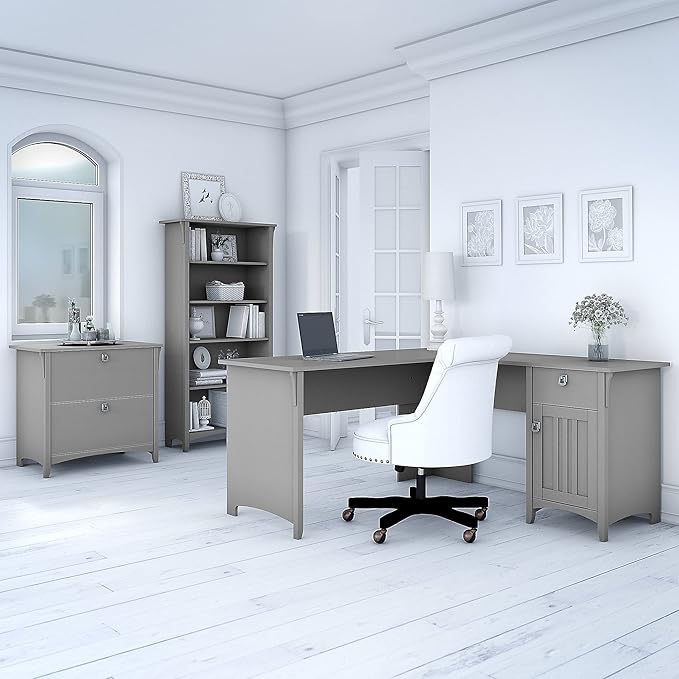 Bush Furniture Salinas L Shaped Desk with File Cabinet and 5-Shelf Bookcase 3 Piece Living Room Furniture Set in Cape Cod Gray Storage Cabinet, Bookshelf & Office Desk