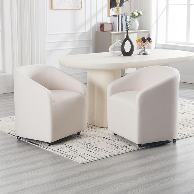 Set of 6 Modern Upholstered Dining Chairs with Swivel Casters, Linen Barrel Back Accent Side Chair for Dining Room Living Room, Beige