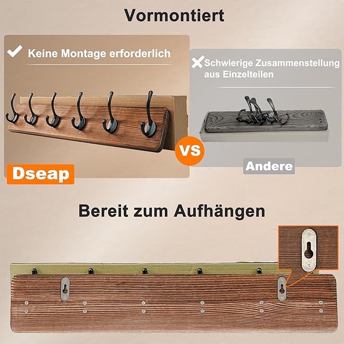 Dseap Coat Rack Wall: 24" Long, Patented, Heavy-Duty, 6-Double-Hooks Wooden Wall Mounted Coat Rack Coat Hanger Hook Rail for Winter Coats Hat Jacket Clothing, Black