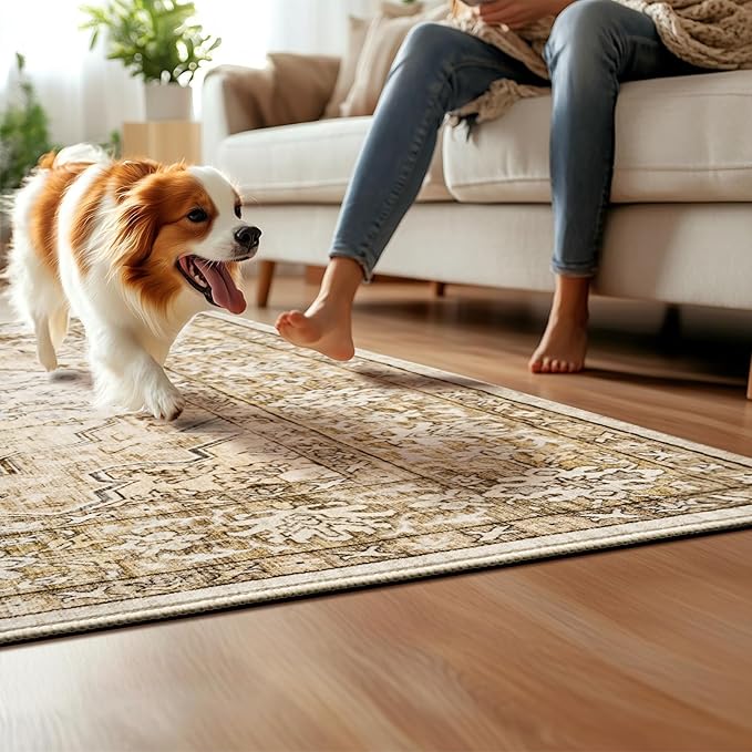 6x9 Area Rugs for Living Room,Machine Washable Low Pile Non Slip Stain Resistant Vintage Euro Floral Boho Desgin Carpet Rug for Bedroom Dining Room Kid's RoomHome Office,Natural Beige