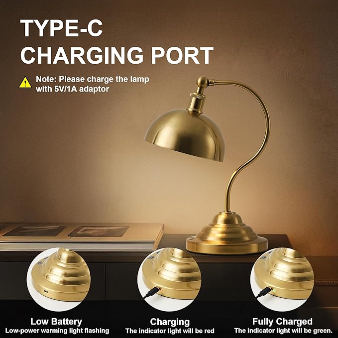Cordless LED Table Lamp, 180° Swing Arm Desk Lamp, Rechargeable, Dimmable/3 Color/Memory Function, Vintage Rechargeable Table Light for Living Room,Bedroom,Bedside, Brass