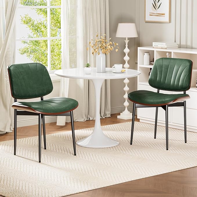 Dining Chairs Set of 4, Mid-Century Modern Upholstered PU Leather Chairs with Walnut Bentwood Back and Metal Legs Adjustable Feet for Kitchen Dining Room, Dark Green Shell Strips