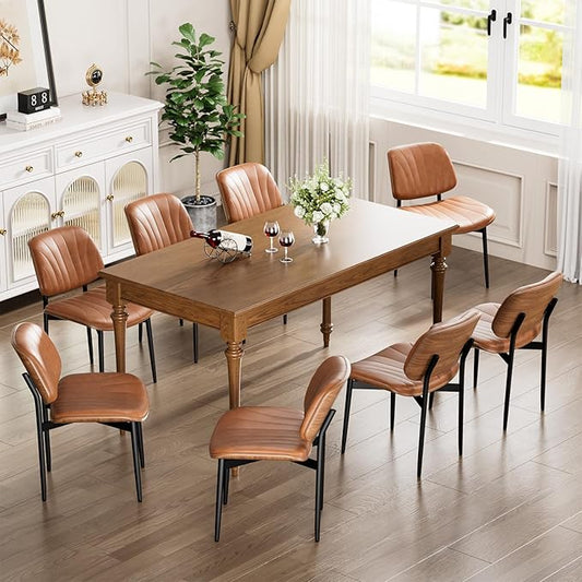 Dining Chairs Set of 8, Dining Room and Kitchen Chairs, Mid Century Modern Accent Chair, Upholstered PU Leather Chairs for Vanity with Walnut Bentwood and Metal Legs, Light Tan