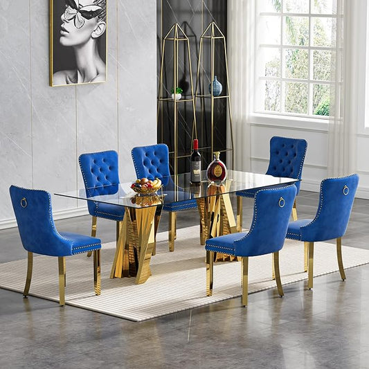 Goujxcy Modern 7 Piece Glass Dining Table Set Luxury Glass Kitchen Table and Chair Set for 6, 70" Large Rectangular Dining Room Table with 6 Tufted Chairs and Stainless Steel Legs (Gold & Blue)