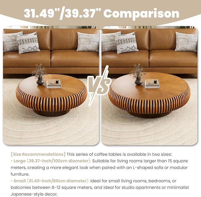 Round Fluted Coffee Table Modern Handcraft Drum Coffee Table with Sturdy Pedestal 31.5" Farmhouse Center Table Tea Table for Living Room, Reception Room, Entertainment Room (Brown 31.5")