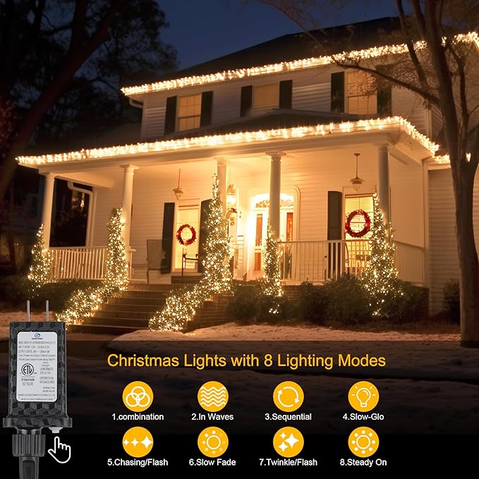 200FT 600LEDs Christmas Lights Plug in,Outdoor Indoor Fairy Lights with Timer and 8 Modes,Christmas Tree Lights for Garden Party Wedding Christmas Decoration(Warm White)