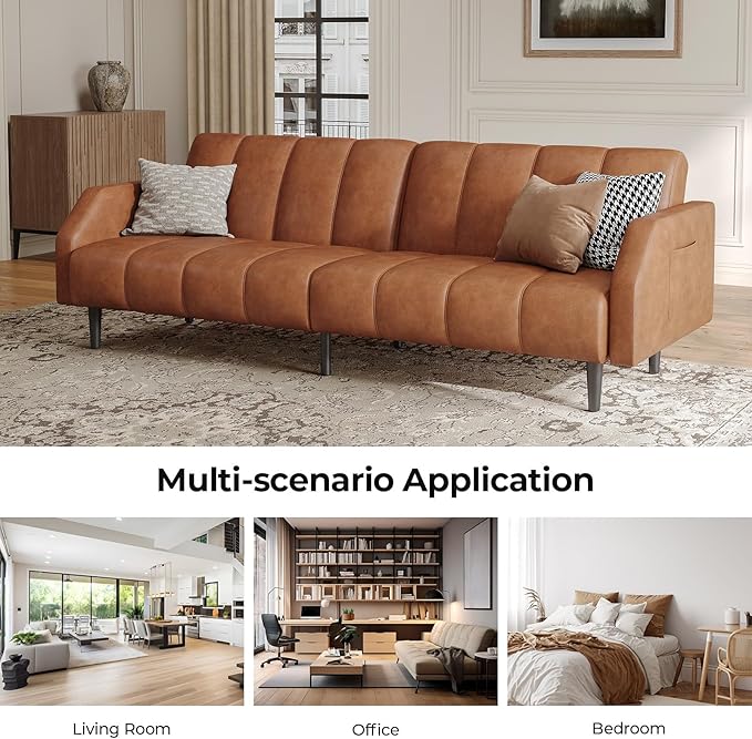 Fadware Faux Leather Couch, Convertible Futon Sofa Bed with Adjustable Backrest, Mid Century Leather Sofa Loveseat with Side Pockets& Metal Leg, Modern Leather Sleeper Sofa for Living Room Bedroom