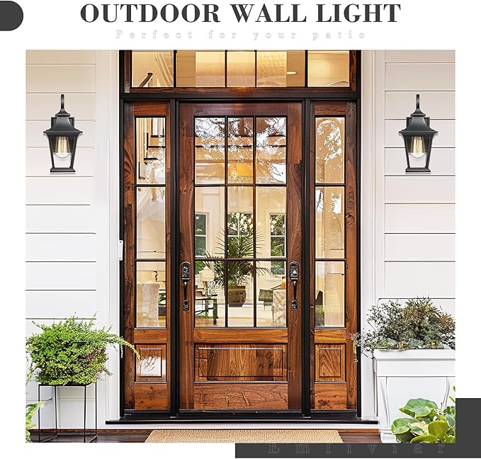 Emliviar Outdoor Porch Light, Modern Outside Wall Light Fixture for House Garage, Clear Glass in Black Finish, 12" Height, XE219B BK