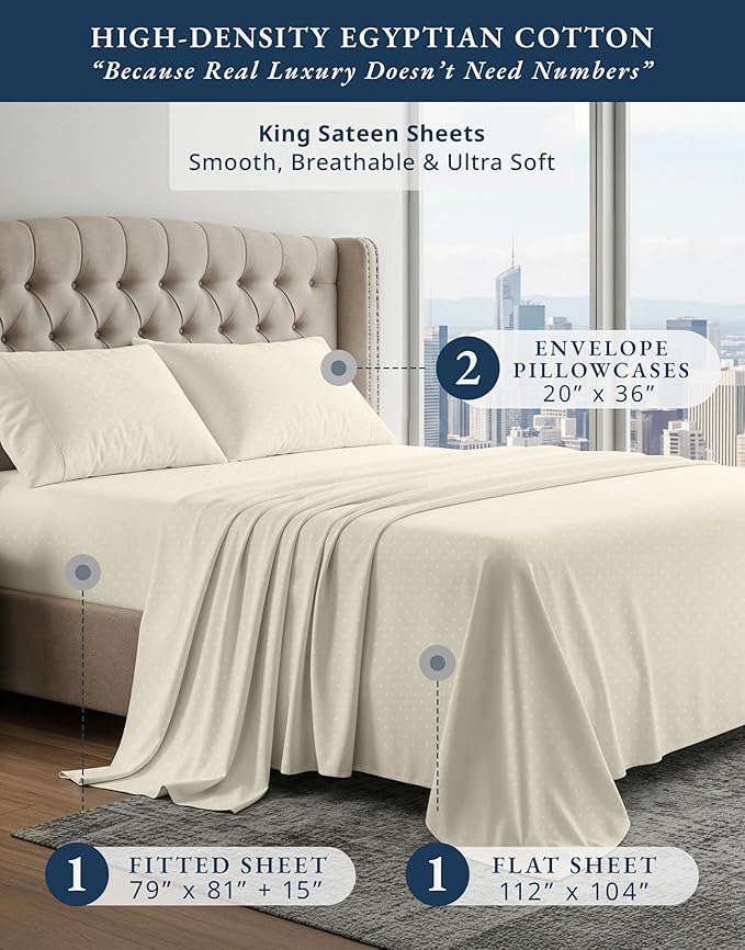 100% Egyptian Cotton King Size Sheets Set – Silky Sateen Weave for Warm Winter Comfort, Ultra Soft & Durable Christmas Sheets King Size, Snug Fit 15" Deep Pocket, Luxury Hotel Comfort at Home - Ivory
