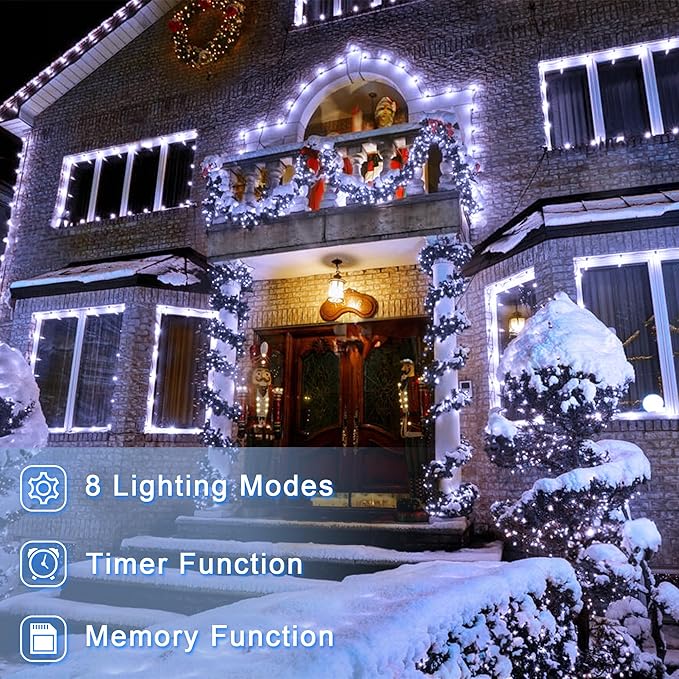 180 LED 59ft Christmas String Lights Indoor Outdoor, 8 Modes Christmas Fairy Lights with Timer & Momory, IP44 Waterproof Christmas Tree Lights for Xmas Patio Yard Fence Balcony Garden (Cool White)