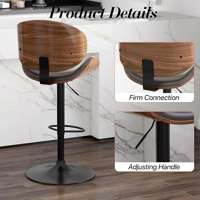 Adjustable Swivel Bar Stools 1 PC, Modern Bentwood Barstool with Large Metal Base and Footrest, PU Leather Upholstered Bar Chair with Curved Back for Kitchen Island Dining Room, Brown