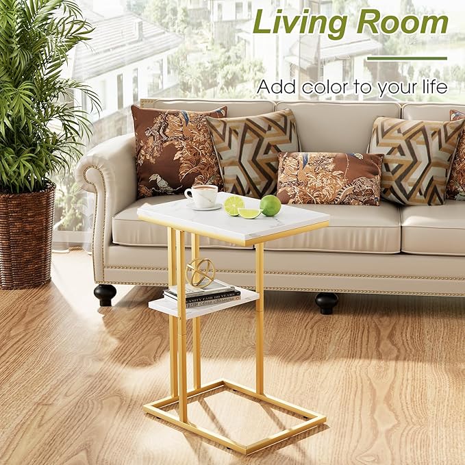 C Shaped End Side Table, Couch Sofa Table for Bed, Gold Snack Table with Metal Frame, TV Tray Table for Small Space, Living Room, Bedroom, Bedside(White Marble)