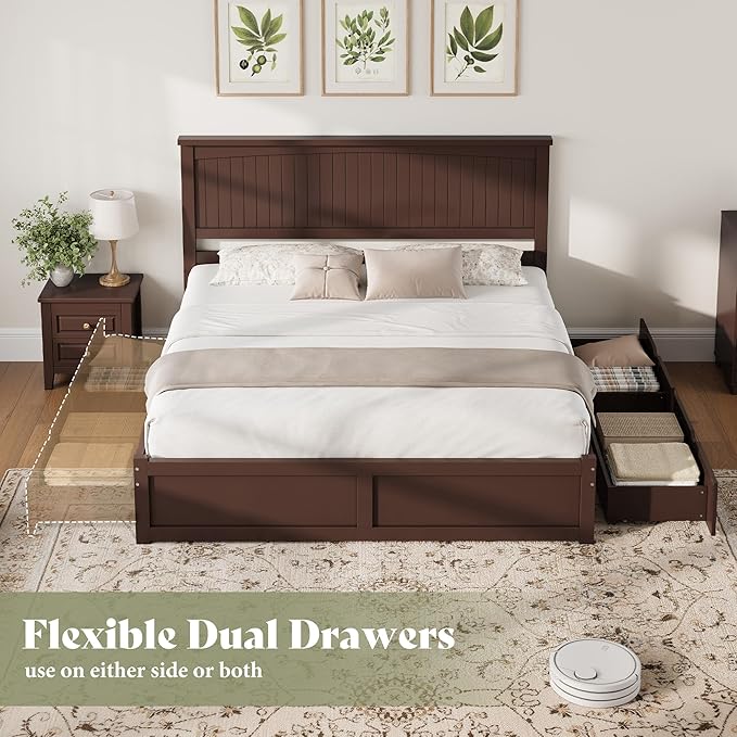 AMERLIFE Full Size Solid Wood Bed Frame with 50" Tall Headboard, Mid-Century Modern Bed with Storage, Wooden Platform Bed with 2 Drawers, No Box Spring Needed, Espresso