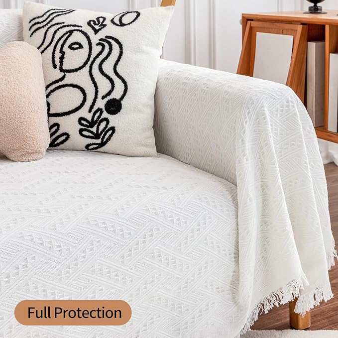 Deep Dream Sofa Cover, Sectional Couch Covers, Couch Covers for 3 Cushion Couch, Couch Cover for Dogs, Geometrical Jacquard Fabric Sofa Cover (XX-Large, 91" x 134", White)