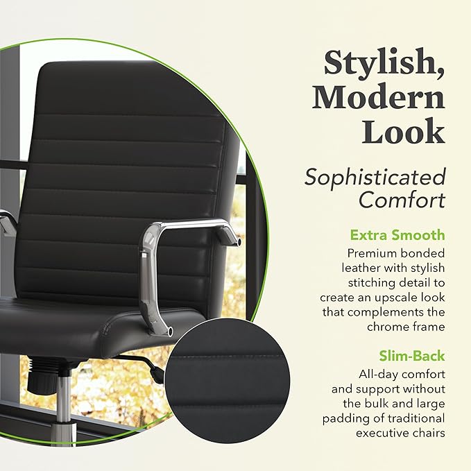 HON Sadie Executive Chair, Ergonomic Leather Office Chair with Chrome Arms and Back Support, for Computers, Desks, Home Offices, 360 Swivel, Black