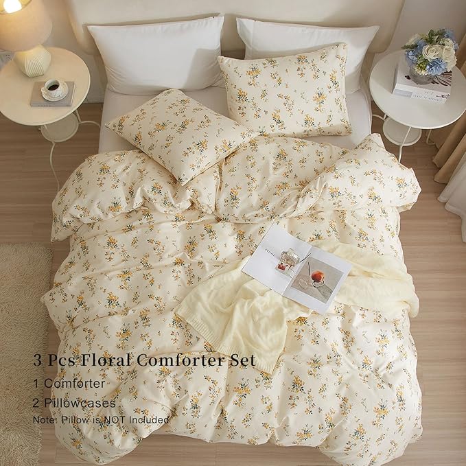 EAVD Yellow Floral Comforter Set Full Bed White Soft Microfiber Chic Garden Floral Bedding Set 1 Full Comforter and 2 Pillowcases Reversible Botanical Comforter Set for All-Season