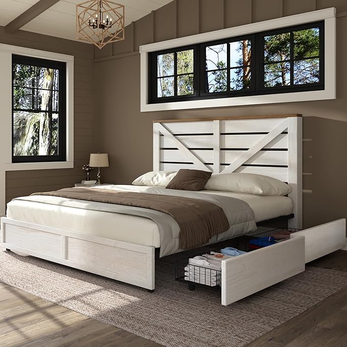 AMERLIFE Full Size Farmhouse Bed Frame with 4 Drawers, Wooden Storage Bed Frame with Headboard and Heavy Duty Metal Slats, Noisy Free, Easy Assemble, White/Barnwood